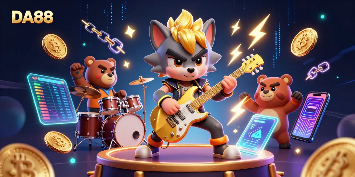 Experience the exhilarating energy of DA88 with a thrilling concert scene featuring a rock star wolf on stage among vibrant gambling elements.