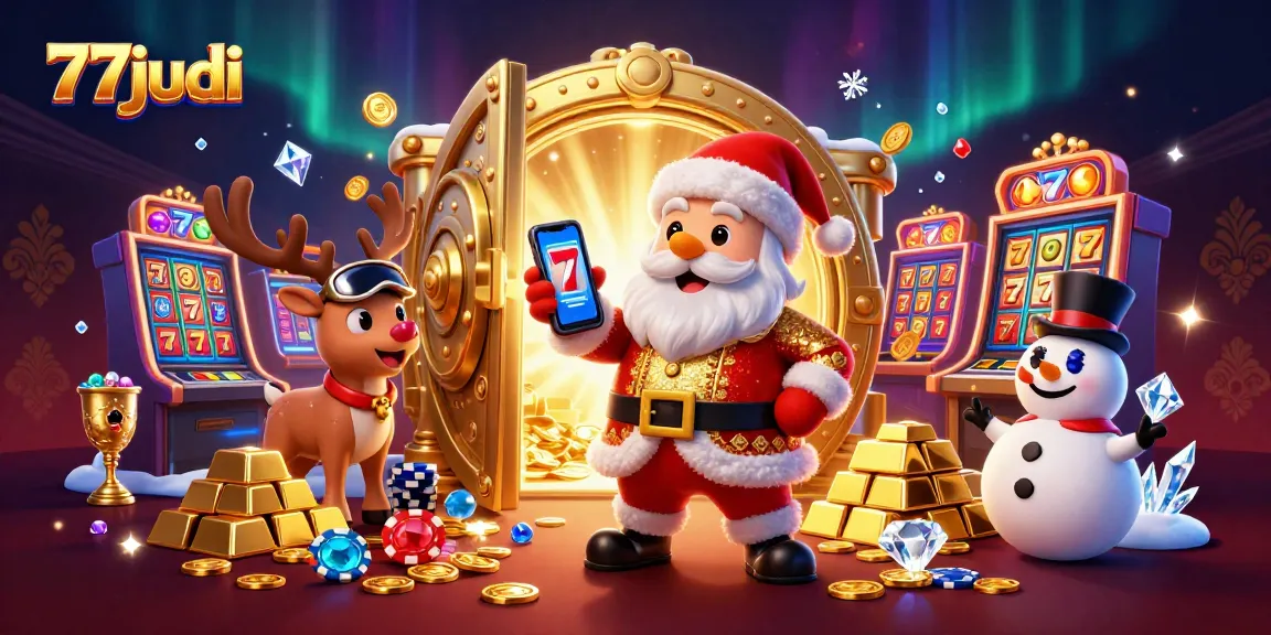 Experience the thrill of winning at 77judi with captivating casino elements and festive characters.