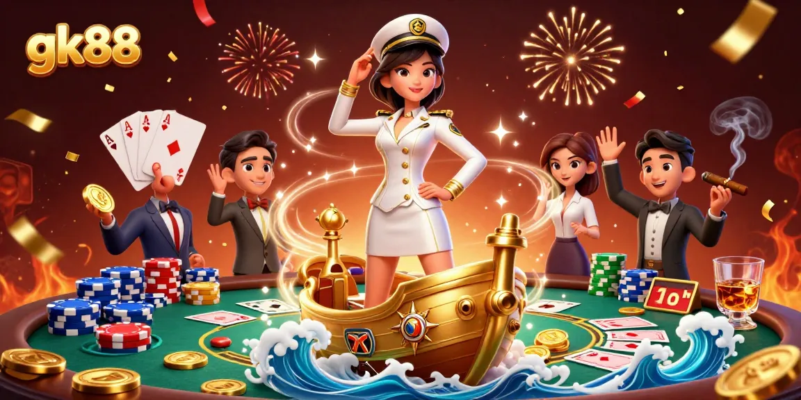 Experience the dynamic gk88 casino scene with an Asian woman commanding a poker game surrounded by excitement.