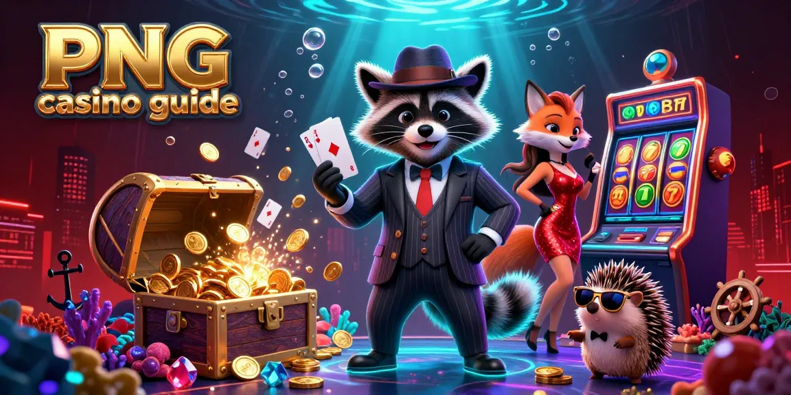 Engage in thrilling slots action with PNG casino guide featuring a suave raccoon and fox in a vibrant casino setting.