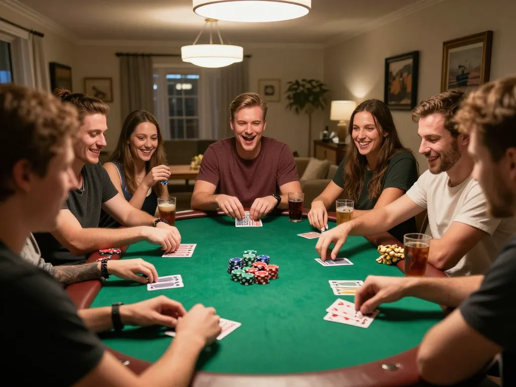 Người chơi tận hưởng một đêm poker thú vị tại nhà với Go 88 và những chip đầy màu sắc.
