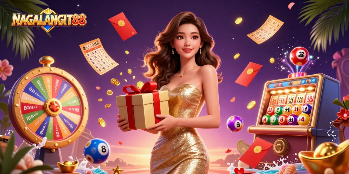NAGALANGIT88 brings excitement with a stunning Asian model in a glamorous casino scene overflowing with golden coins and lottery elements.