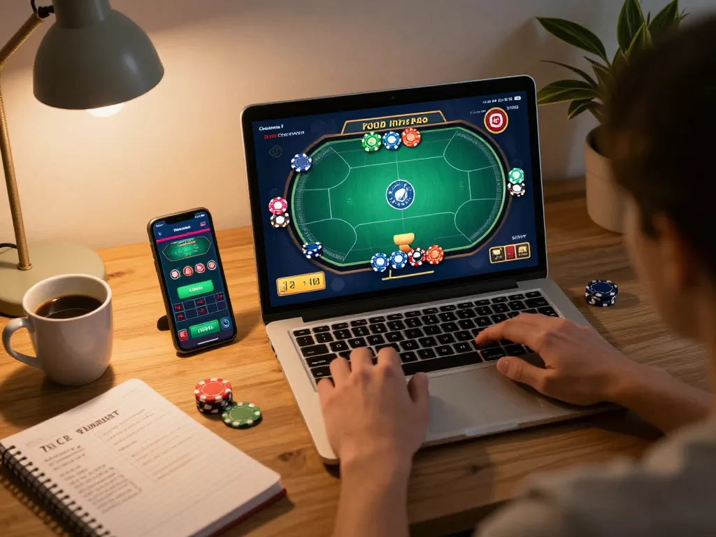 Player engaged in an online poker game on F8bet with strategic notes beside a coffee mug.