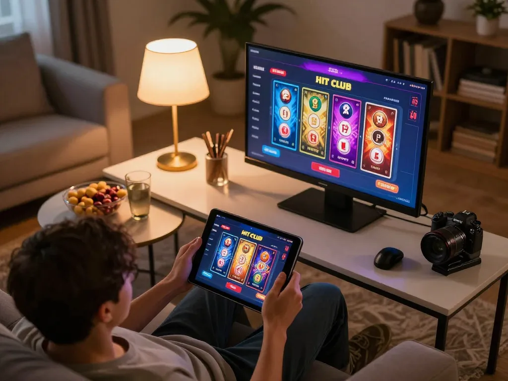 Player enjoying casino games on hitclub with cozy home setup and engaging visuals