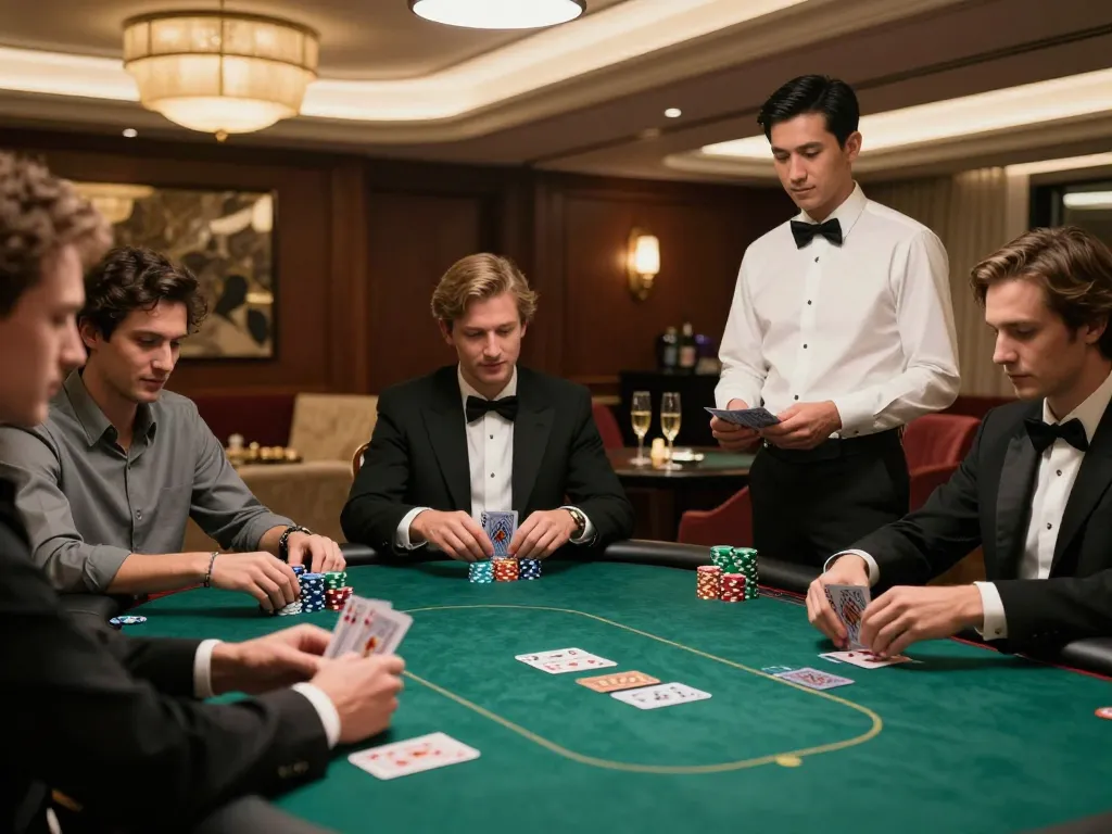 Players enjoy high-stakes poker in a luxurious CM88 VIP room, emphasizing elegance and strategy.