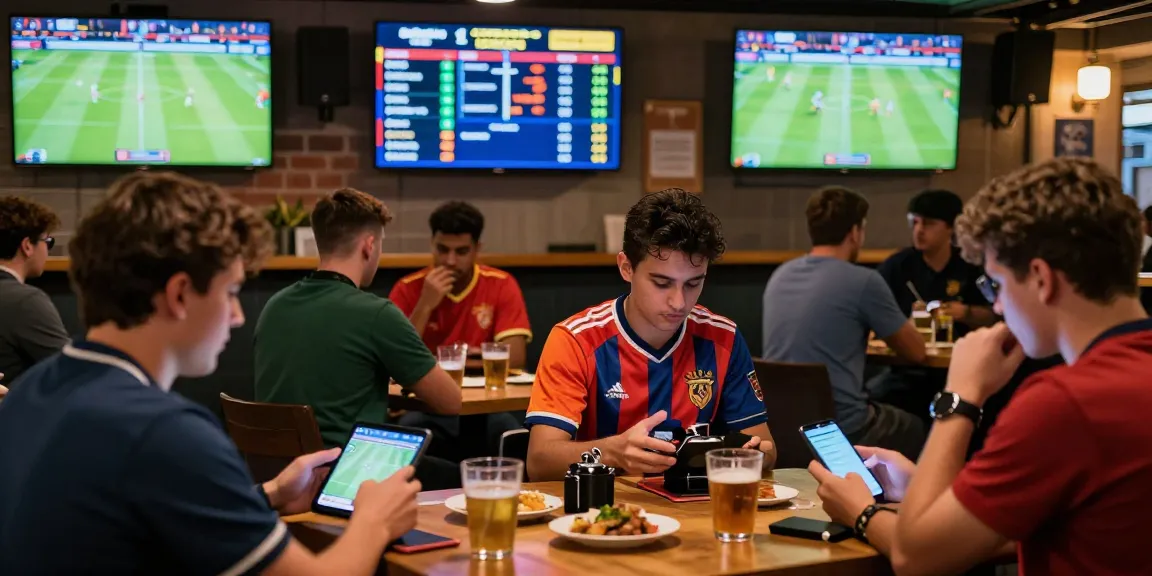 Enthusiastic fans analyzing soi keo nha cai in a vibrant sports pub setting.