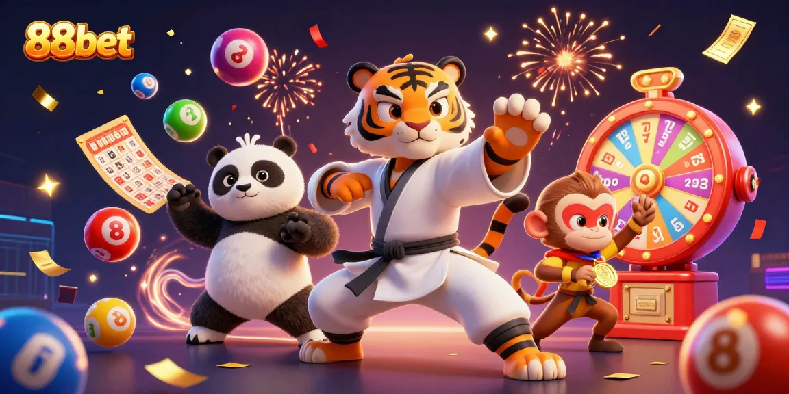 Engage with thrilling games at 88bet, featuring a kung fu tiger master, panda, and monkey amidst colorful gambling elements.