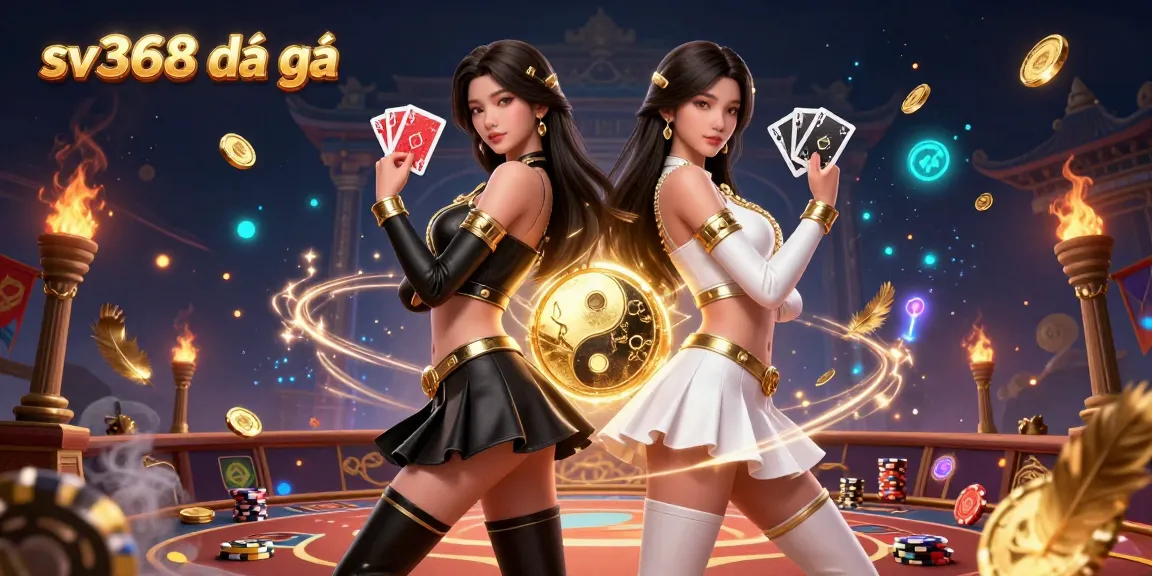 Experience exhilarating sv368 đá gà action with stunning twin Asian women in dynamic pose surrounded by a vibrant casino scene.
