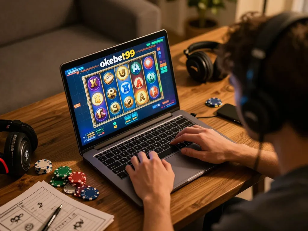 Pengguna yang terlibat dalam sesi slot online okebet99 di laptop, menampilkan antarmuka permainan yang menarik