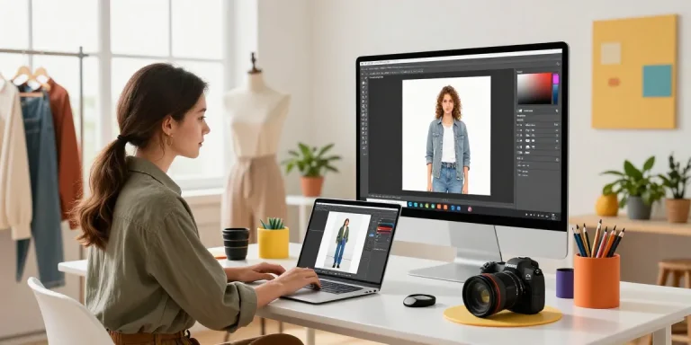 Professional photographer using rmbg.pro for seamless background removal in a bright e-commerce studio.
