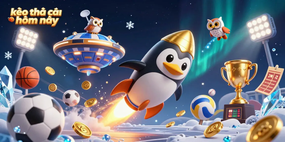 Bet on kèo nhà cái hôm nay with a dynamic illustration depicting a golden penguin flying towards a casino space station.