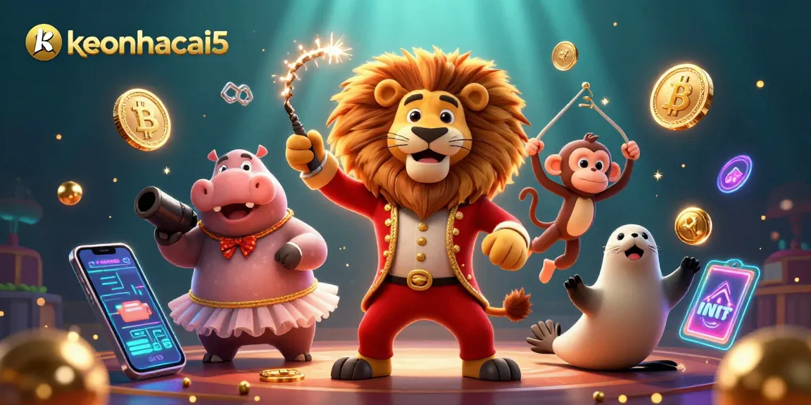 Engage with keonhacai5 in a vibrant 3D casino world featuring circus-themed characters and crypto elements.