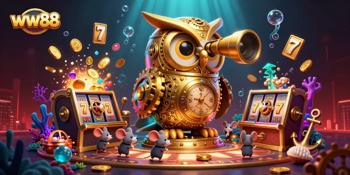 Experience thrilling jackpots at ww88 with this vibrant 3D casino scene featuring a golden owl and playful mice.