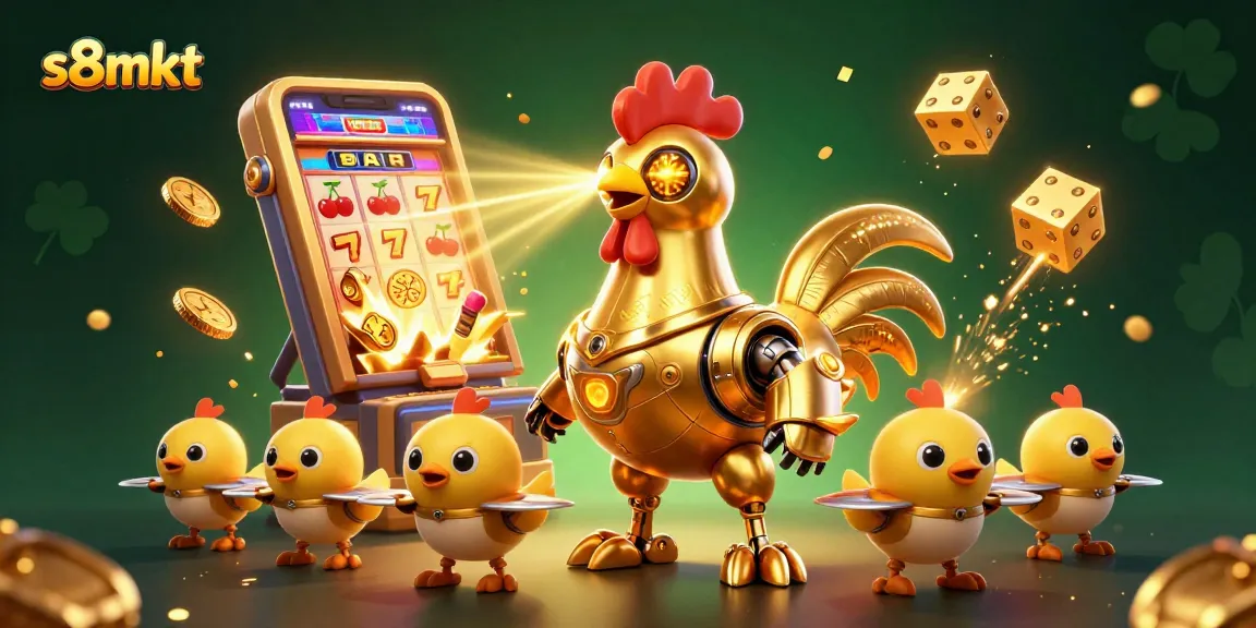 Join the excitement at s8mkt with vibrant 3D casino-themed illustration featuring a golden rooster and dynamic gaming elements.