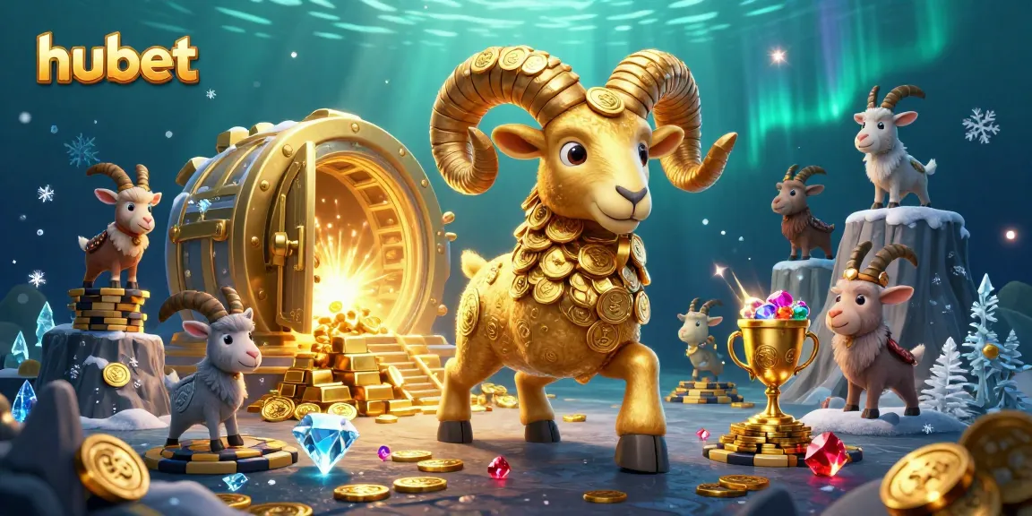 Engage in thrilling casino action with hubet, featuring a golden ram amidst treasures and vibrant gems.