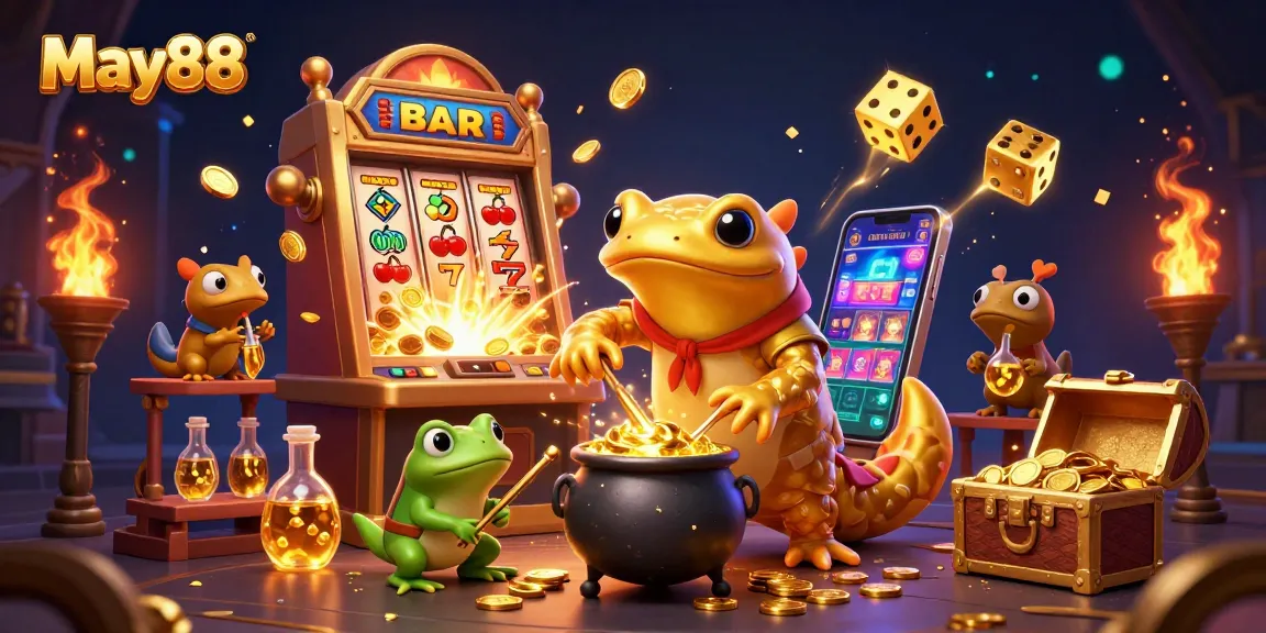 Experience jackpot wins with May88's vibrant 3D casino illustration showcasing exciting gaming elements.