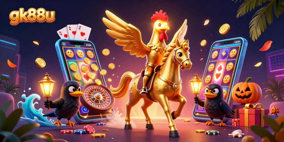 Engage in thrilling casino adventures with gk88u featuring a golden rooster and glowing head in action.