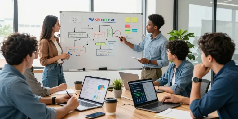 Team strategizing digital marketing campaigns at https://wwww.monkeygoals.com in a modern office.