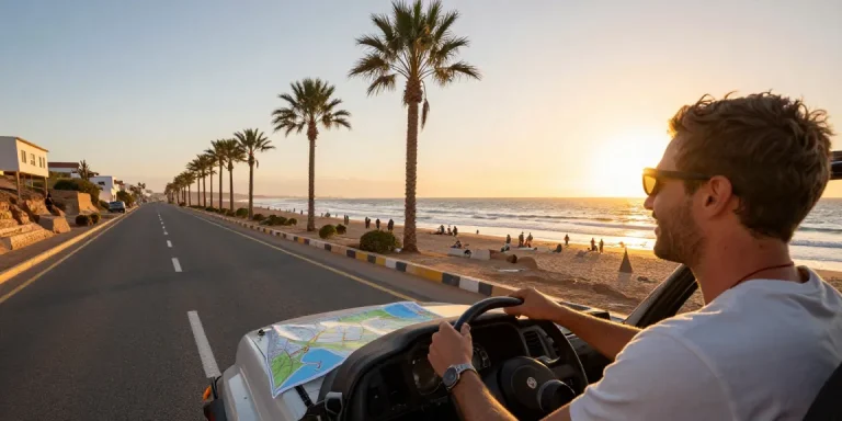 Traveler enjoying Agadir Car Rentals Official, driving along a coastal road at sunset.