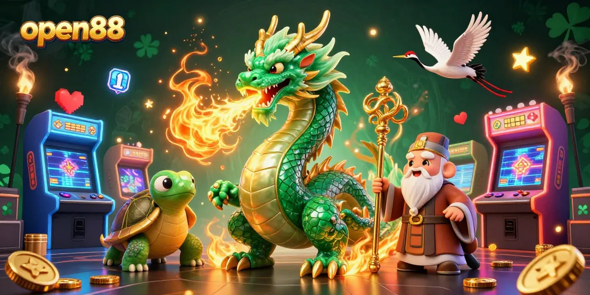 Experience excitement with open88's vibrant gaming, featuring a dragon, turtle sage, and lucky cranes.