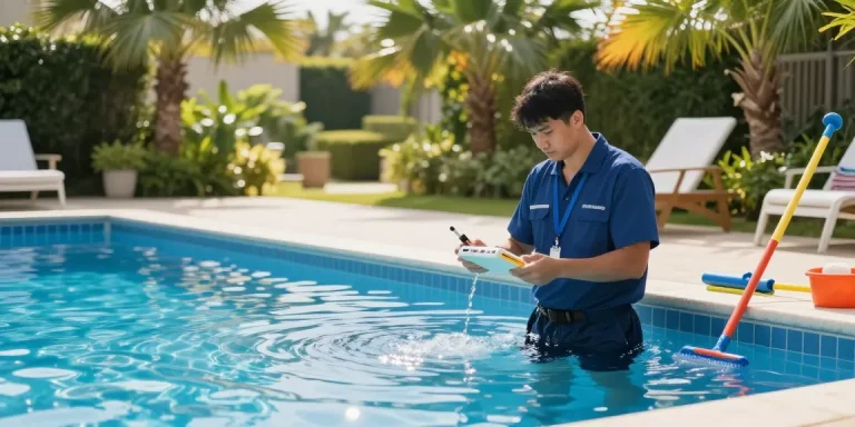Dolphin Pool Services technician inspecting a pool with water testing kit in a sunny environment, showcasing professional pool maintenance.