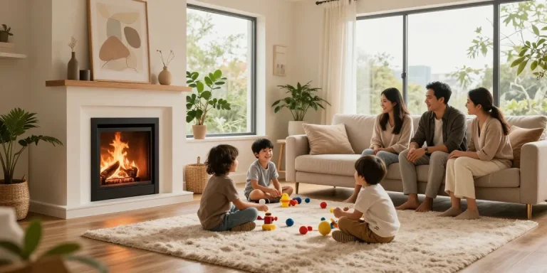 Cozy family gathering at home with izba24.by heating solution, warm atmosphere, and modern decor.