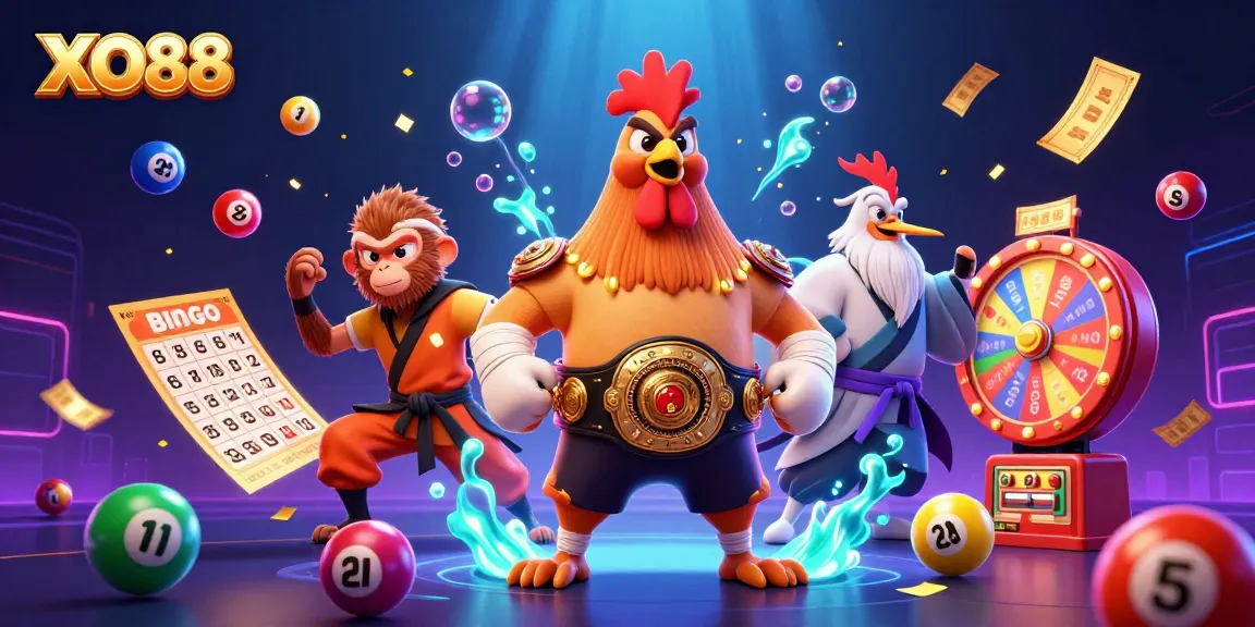 Engage with XO88's vibrant scene featuring a Muay Thai rooster, Shaolin monkey, and crane master amidst dynamic gambling elements.