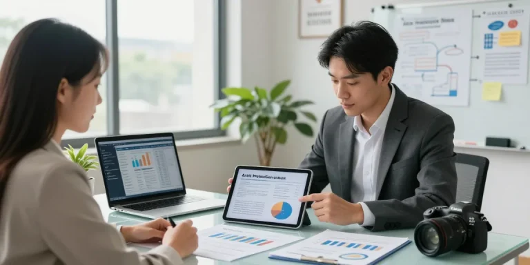 Client and advisor reviewing asset protection strategy in a bright office