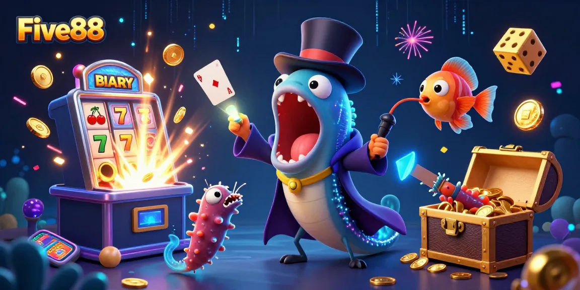 Experience the magic of Five88 with a vibrant 3D illustration featuring casino elements and deep-sea creatures.