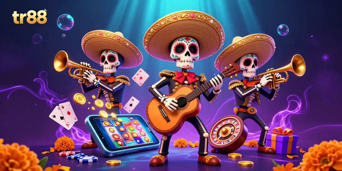Engage in thrilling gameplay with tr88's vibrant casino scene featuring a Day of the Dead mariachi band.