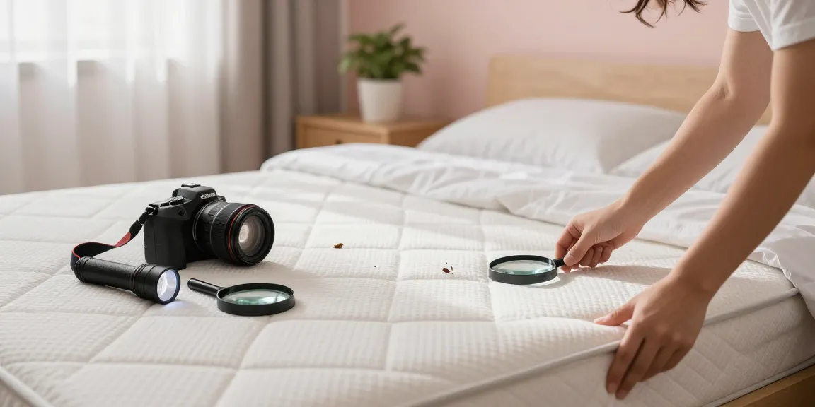Person inspecting a mattress for signs of bed bugs during a bed bug treatment in a cozy bedroom.