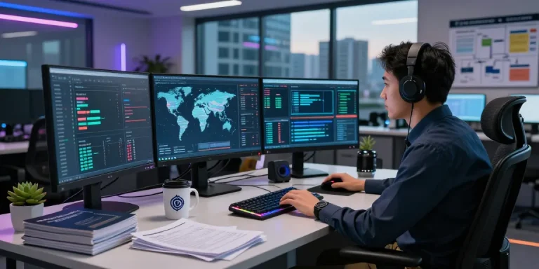 Cybersecurity analyst monitoring malware protection in advanced tech operations center with multiple screens.