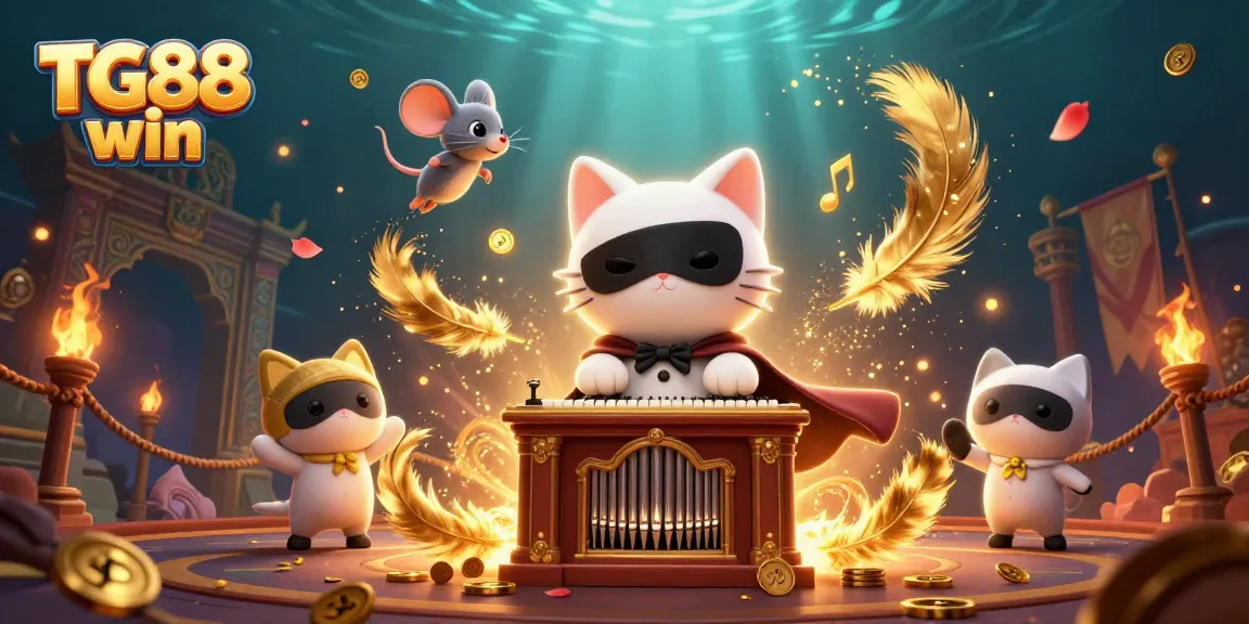 Experience exciting adventures at TG88 win, featuring a phantom cat and mouse acrobat in a lively casino scene.