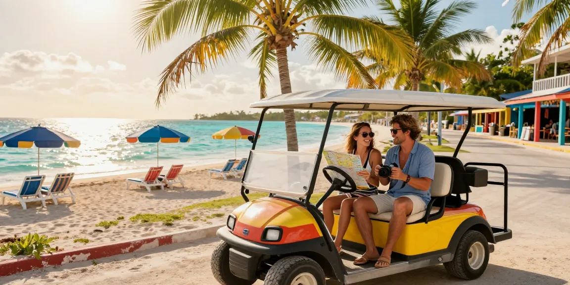 Golf cart rental San Pedro Belize: A couple enjoying a joyful exploration in a colorful golf cart near the beach, showcasing the vibrant atmosphere of their vacation.
