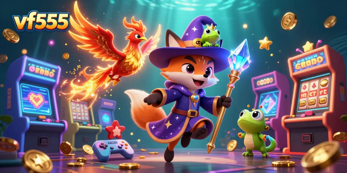 Experience the excitement of vf555 with a mystical fox wizard and vibrant gaming elements in this captivating illustration.