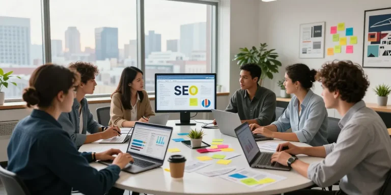 Collaboration scene at https://landings.md digital marketing meeting with diverse team strategizing for SEO.