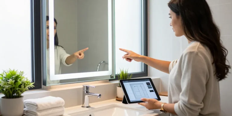 Stylish hotel bathroom mirror showcasing elegant LED design elements reflecting a modern aesthetic by a professional designer.