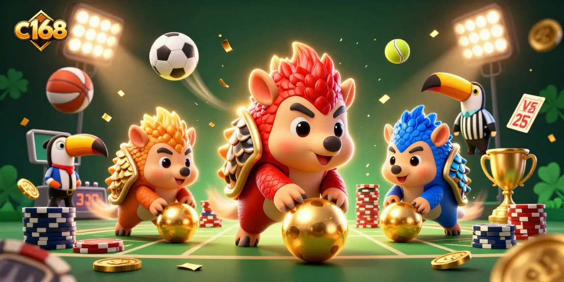 Engage in energetic gameplay at c168 with cartoon pangolins and vibrant casino elements.