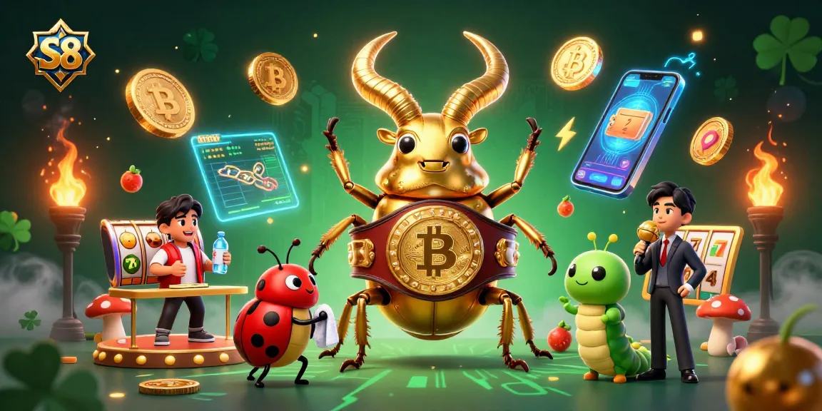 S8 showcases a thrilling casino battle scene with a giant stag beetle and vibrant crypto elements.