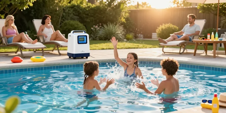 Family enjoying their pool with the best salt water chlorinator in the background, showcasing summer fun and water clarity.
