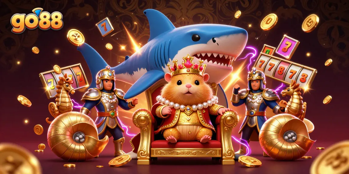 Experience the excitement of go 88 with a golden hamster king ruling the casino world, surrounded by rich visuals.