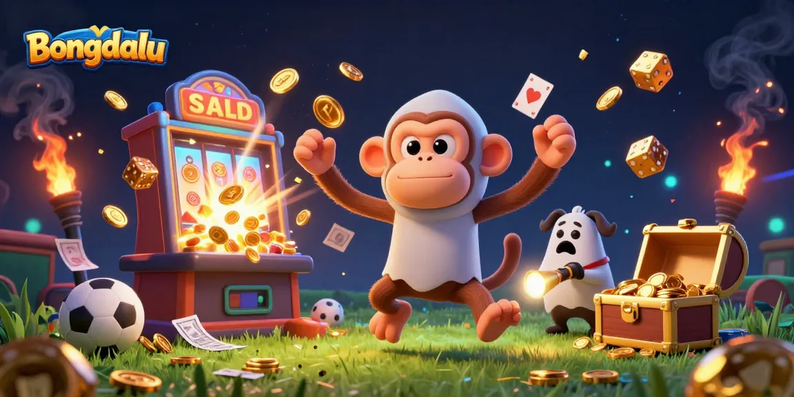 Bongdalu showcases an engaging scene with a mischievous monkey juggles golden betting items, perfectly blending fun and sports.