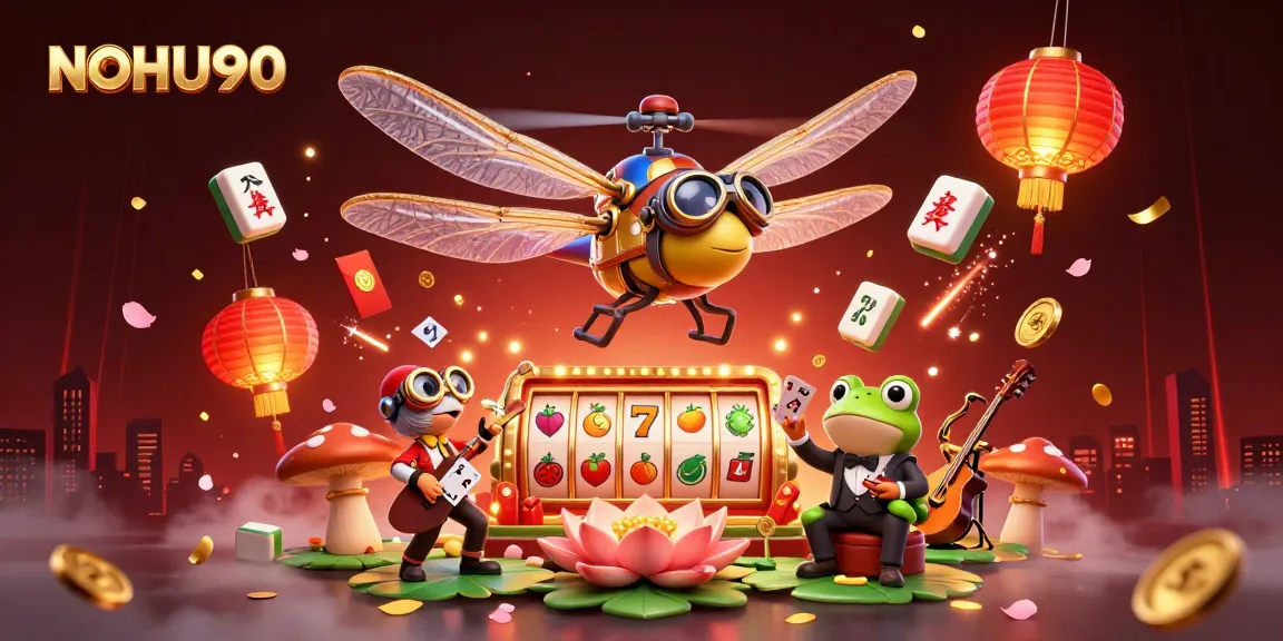 Experience the excitement of NOHU90 with a cartoon dragonfly pilot above a vibrant slot casino scene.