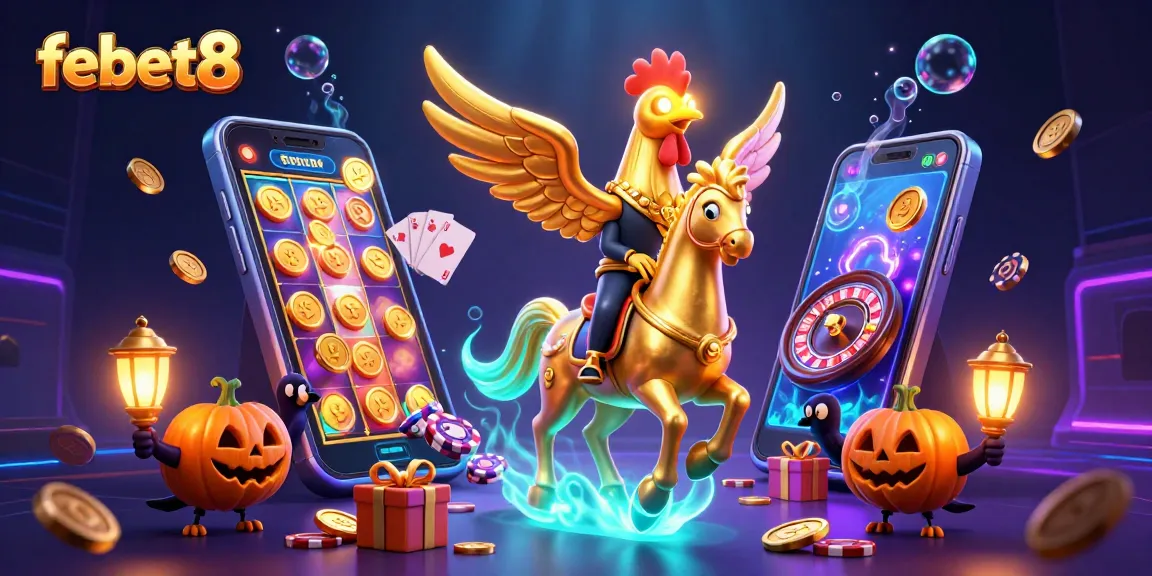 Experience the thrill of febet8 with dynamic casino action involving a golden rooster and glowing game elements.
