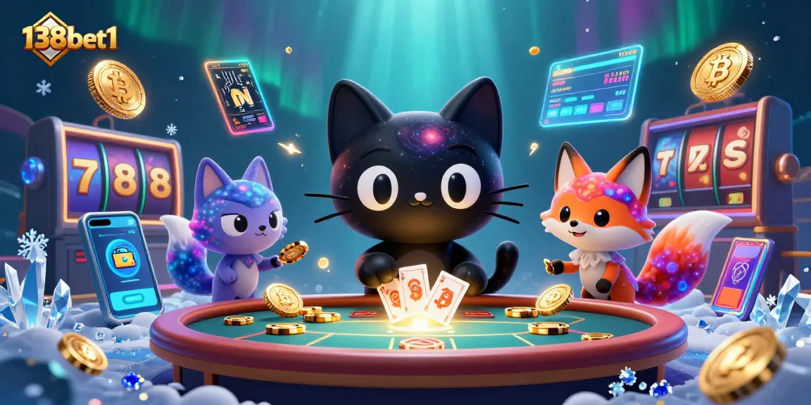 Engage in cosmic gambling with the 138bet1 black hole cat at a vibrant casino table.