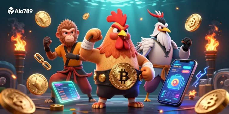 Engage with Alo789's thrilling cockfighting action featuring vibrant characters with crypto elements.