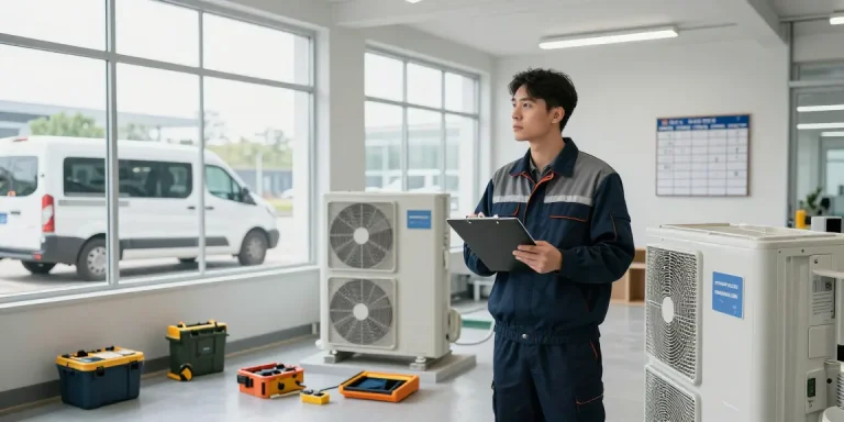 Facilities maintenance technician inspecting HVAC system in a well-lit workspace.