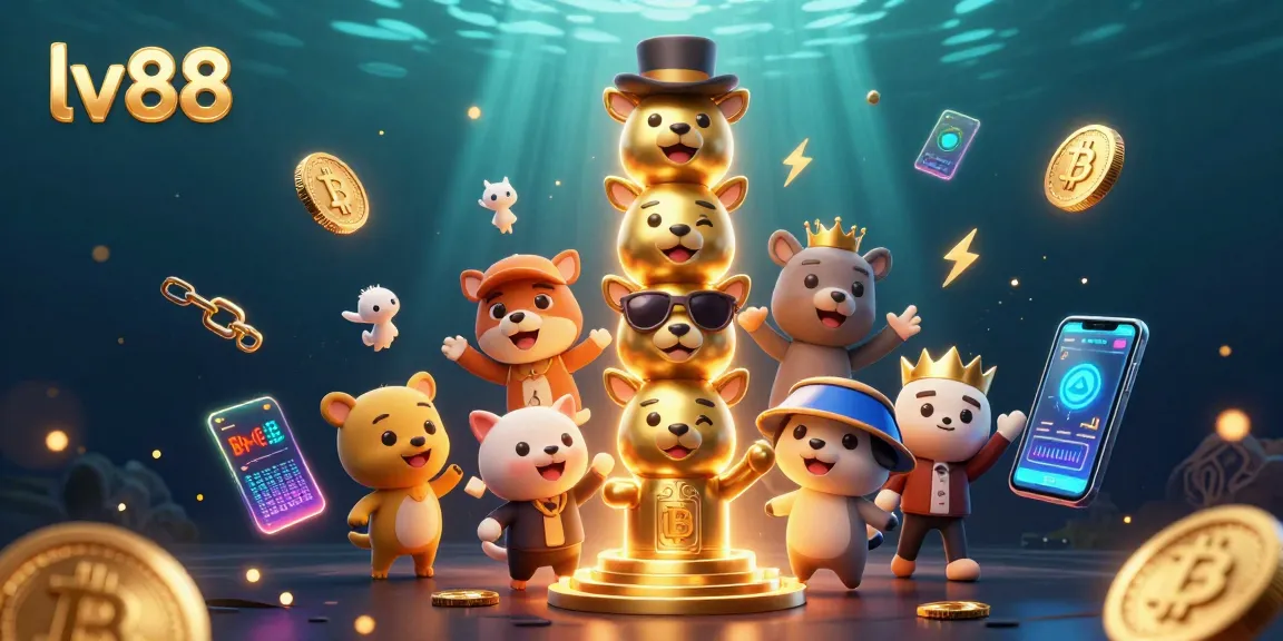 lv88 showcases a vibrant casino scene with a cartoon totem pole and crypto coins, immersing players in an exciting gaming experience.