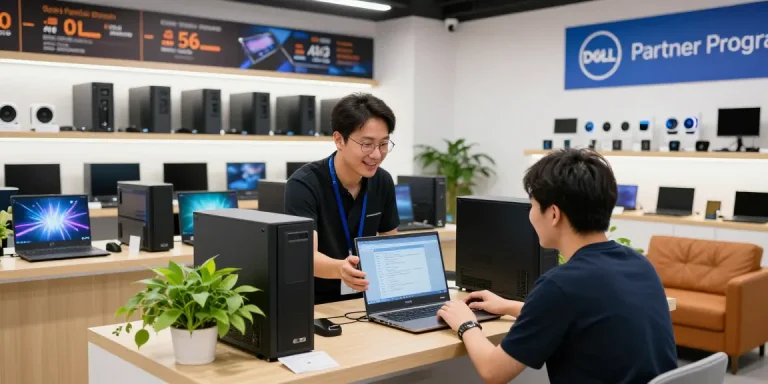 Customer engaging with a refurbished laptop in a PC shop, showcasing technology.