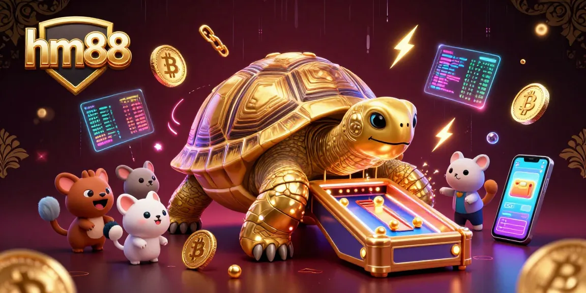 Engage in vibrant gambling at hm88 with dynamic cartoon characters playing games amidst cryptocurrency elements.